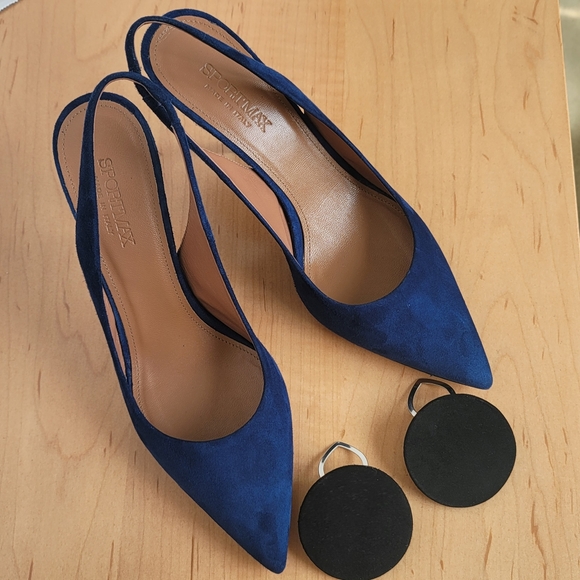 Sportmax by Max Mara Navy Leather Suede Slingback Stiletto Pump Size EU 37.5 - Picture 11 of 17